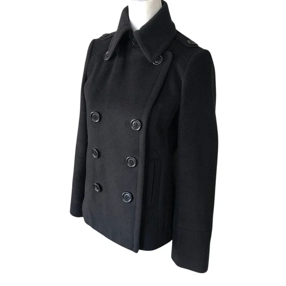 J Crew Womens High Neck Black Double Breasted Wool Pea Coat RN77388 Sz XS - Picture 3 of 16